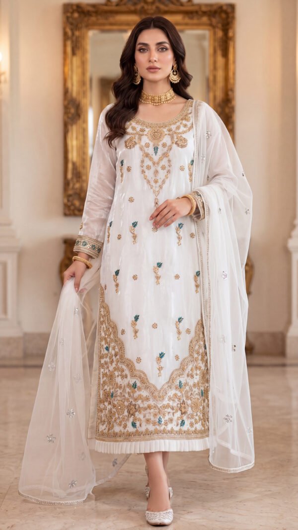 4 Piece Unstitched Embroidered Sheesha Silk Partywear Suit - Off White