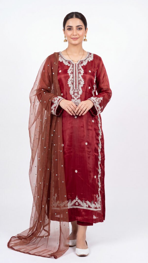 4 Piece Unstitched Embroidered Sheesha Silk Partywear Suit - Crimson Red