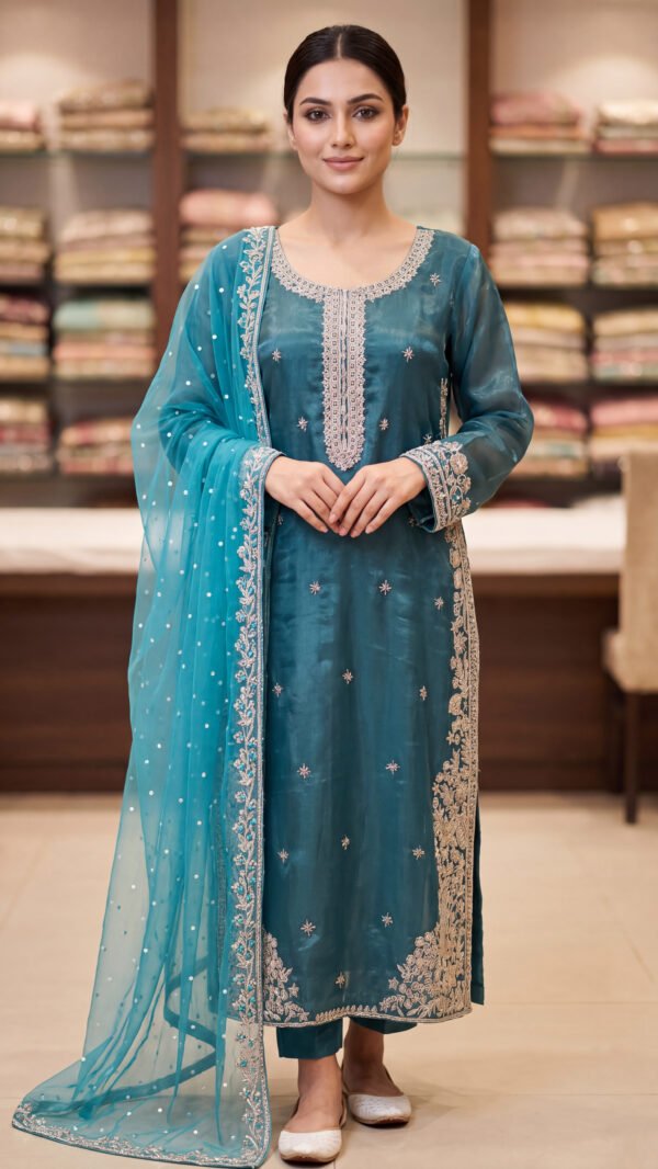 4 Piece Unstiched Embroidered Sheesha Silk Partywear Suit – Sea Green