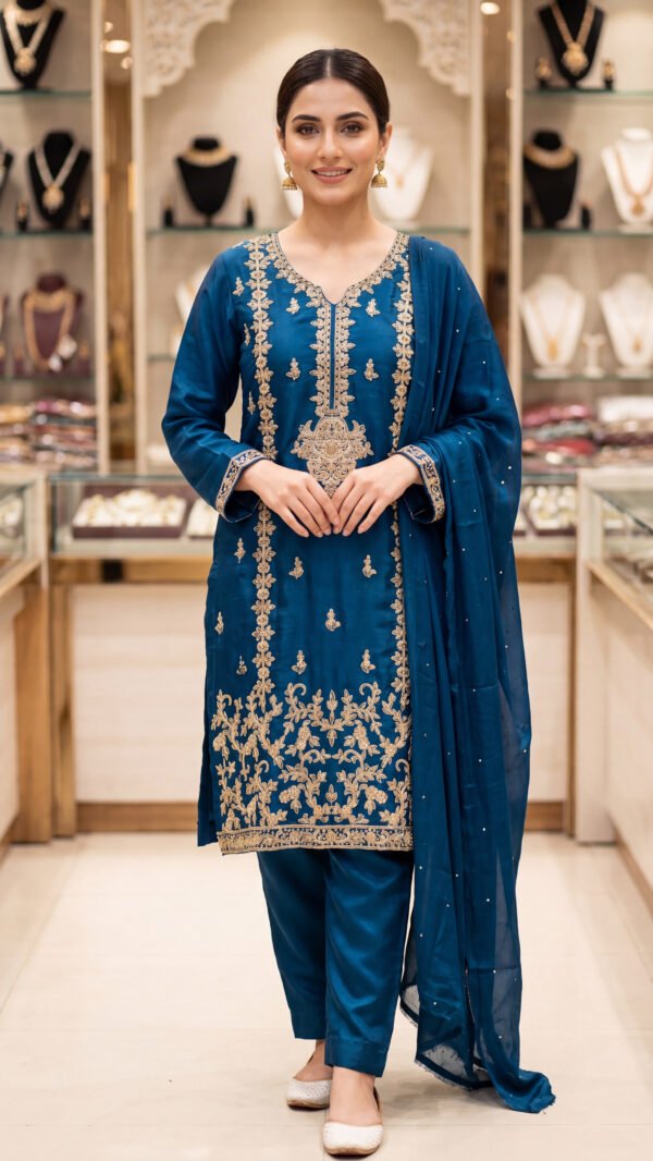 4 Piece Unstich  Embroidered Sheesha Silk Partywear Suit – Royal Teal Blue