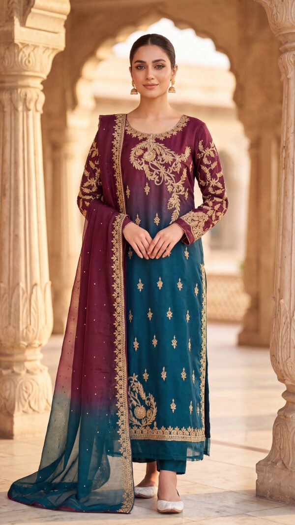 4 Piece Unstitched Two Shade Sheesha Silk Partywear Suit - Maroon Teal