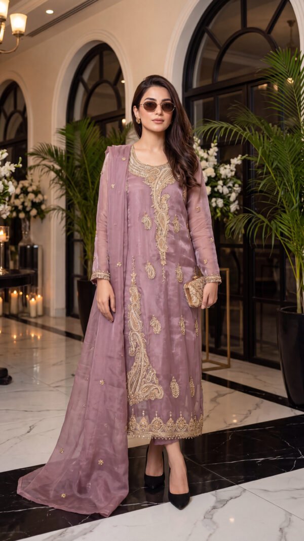 4 Piece Unstitched Embroidered Sheesha Silk Partywear Suit - Mauve Pink