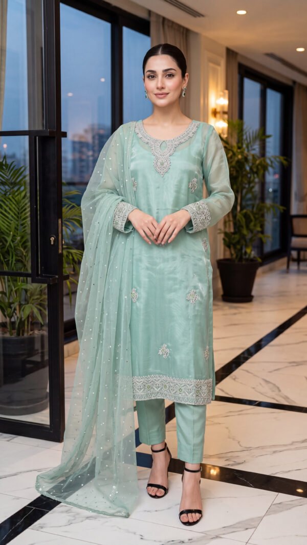 4 Piece Unstitched Embroidered Sheesha Silk Partywear Suit - Mint Green