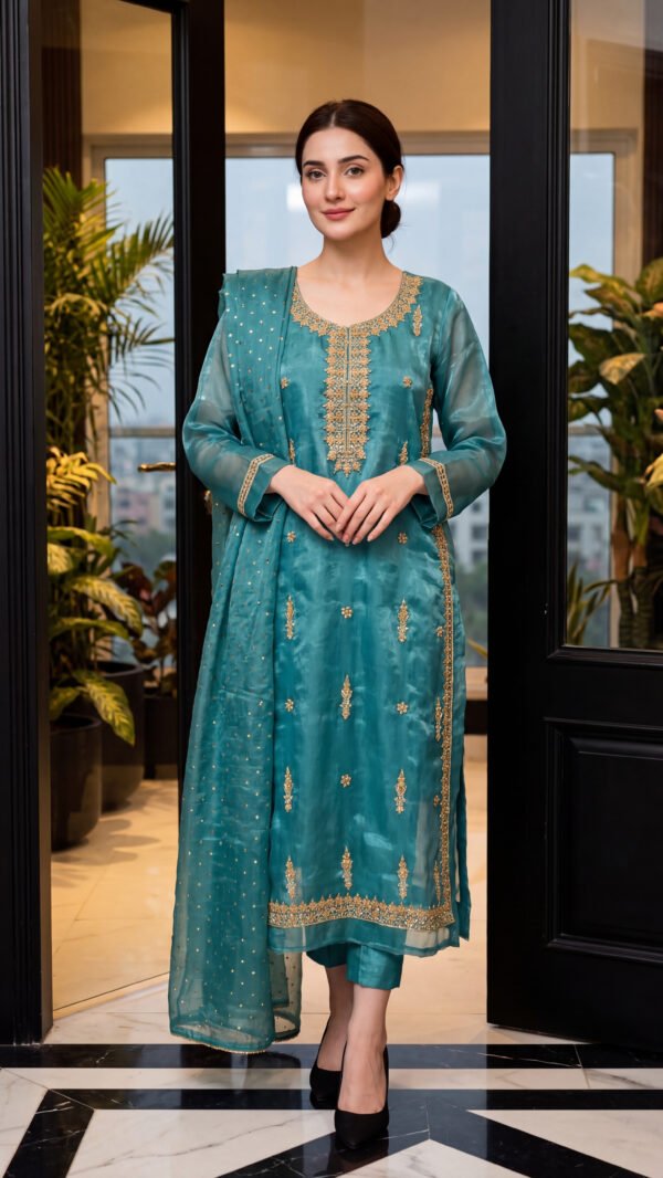 4 Piece Unstitched Embroidered Sheesha Silk Partywear Suit - Teal Blue