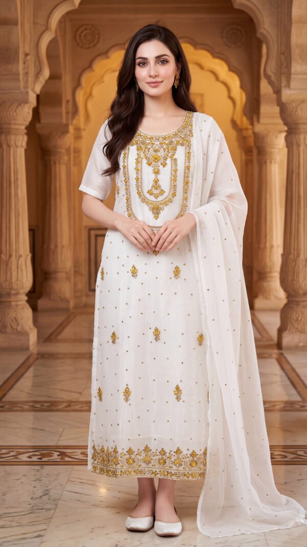 4 Piece Unstitched Embroidered Sheesha Silk Partywear Suit - Pearl White