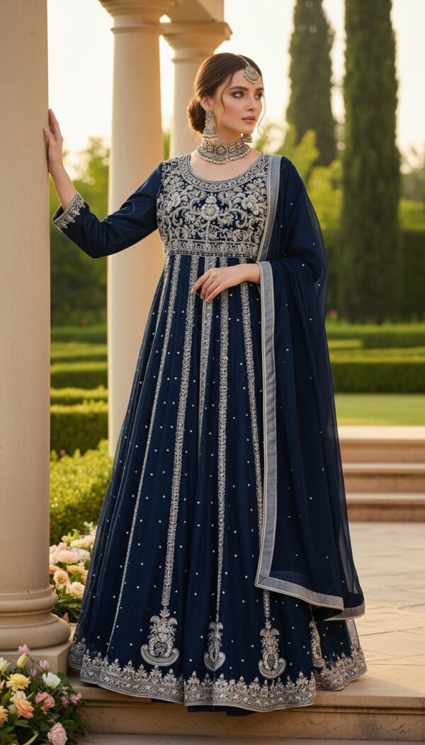 Navy Blue Luxury Party Wear Maxi
